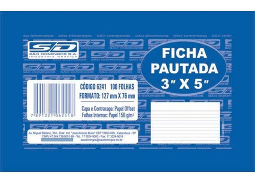 Ficha Pautada 3x5 Com 100 Folhas São Domingos