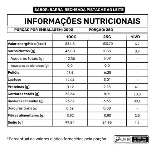Barra Chocolate Recheada Pistache - Zero Adição Açúcar 200g