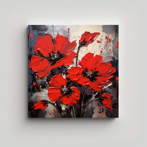 60x60cm Cuadro Decorativo Flores Rojo Negro Amigable Decorac