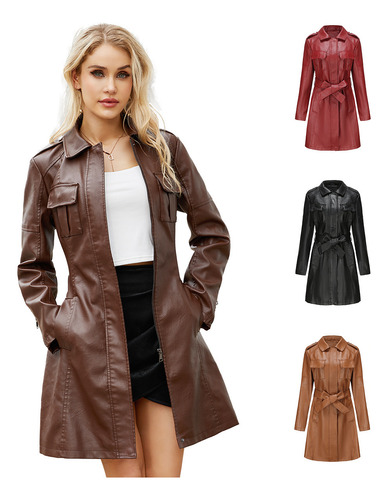 Gabardina De Cuero Con Cinturón Para Mujer Abrigo Largo
