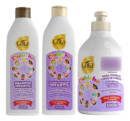 Kit Gota Dourada Clubinho Infantil Shampoo Condicionador Creme