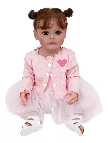 Brastoy Boneca Bebê Reborn Silicone Menina 55cm Olhos Castanhos