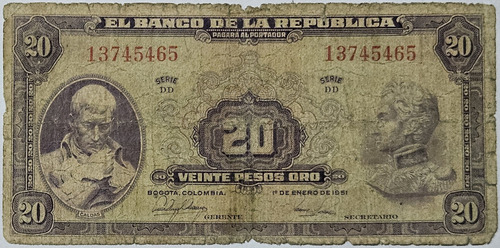 Billete 20 Pesos 01/ene/1951 8 Digitos Colombia Vg-f