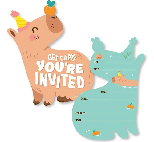 Invitaciones De Cumpleaños Capybara - Set De 12 Con Sobres