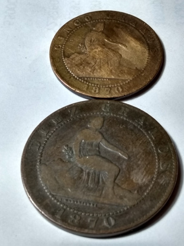 Monedas De España 10 Y 5 Centavos 1870