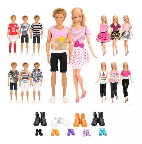 Kit com Roupas Vestidos e Sapatos para Bonecas Barbie e Ken