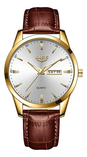 Reloj De Cuarzo Hombre Lige LG8970 Pulsera De Cuero Correa Marrón Bisel Dorado Fondo Blanco Quartz 3 ATM 22mm Anchura Wristwatch