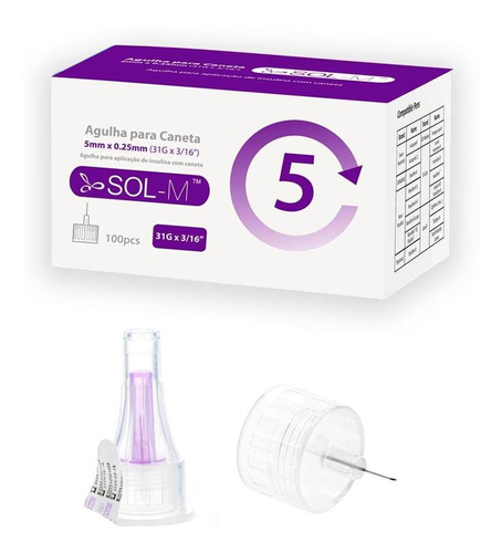 Agulha Para Caneta De Insulina 5mm 31g C/100un Sol-millenniu