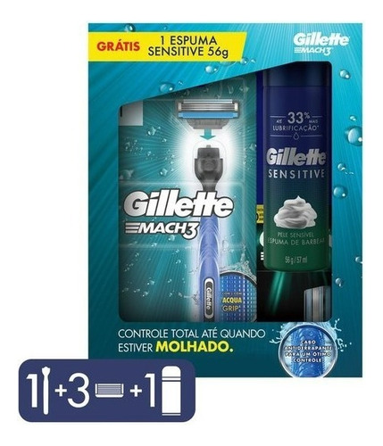 Kit Gillette Mach 3 Aqua Grip 3 Refis + 1 Espuma Azul