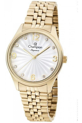 Relógio Feminino Dourado Champion Fundo Prata Com Relevo +nf