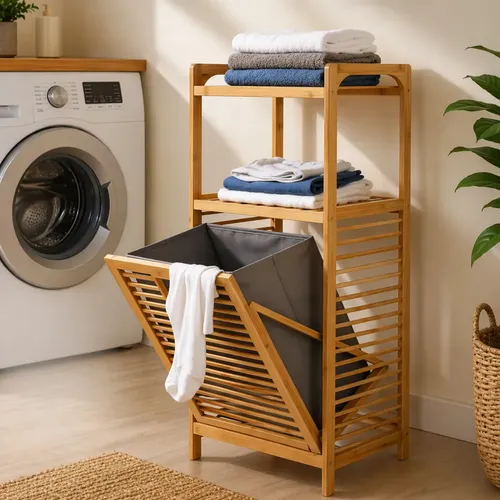 Estante Organizadora Em Bambu Com Cesto De Roupa Suja E Prateleiras Para Banheiro Lavanderia Multiuso Compacta Moderna Bekaele Store