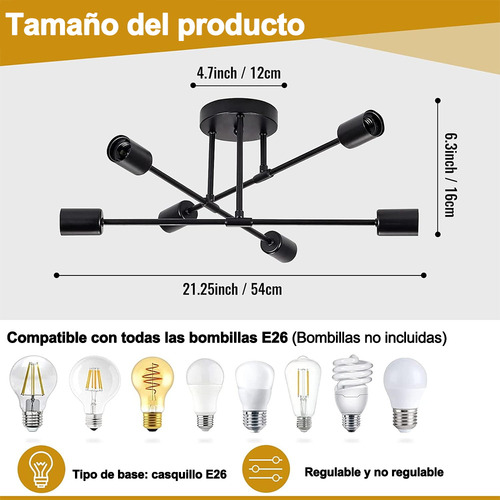 Banna 1 Piece E26 Lámpara Colgante Moderna E26, Plafón De Estilo Industrial De 6 Luces En Negro Para Isla De Cocina, Dormitorio, Comedor, Salón, Casa De Campo