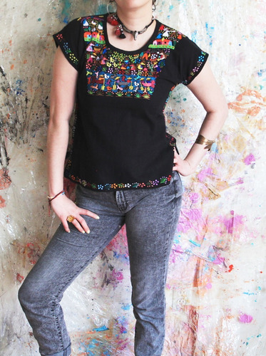 Blusa Top De Bordada Artesanal Negra De Algodón Talla M