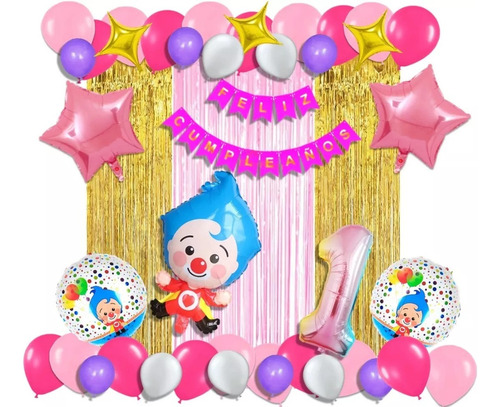 Arco Globos Decoracion Payaso Plim Fucsia Dorado Cortina