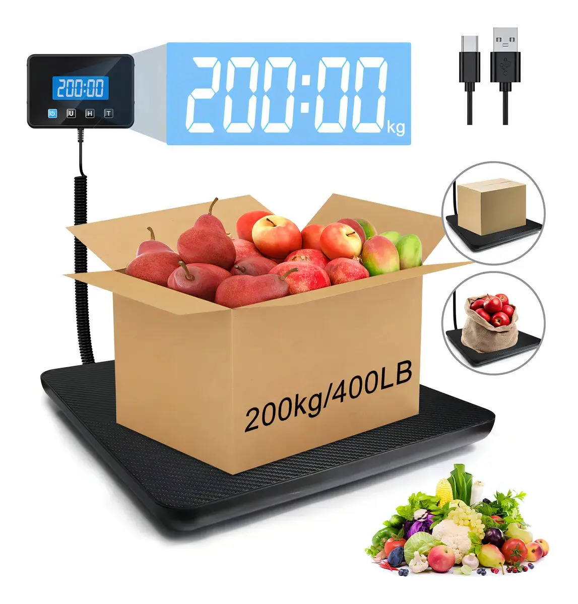 Balança Postal Digital 200 kg/440 lb para Encomendas, Precisão 10 g/0,35 oz, LCD Azul Retroiluminado, Tara e Hold, Bateria Recarregável via USB-C, para Loja e Bagagem