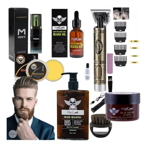 Kit Barbería Aceite Barba Bálsamo Shampoo Gel Cepillo Loción