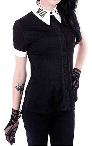 Camiseta De Mujer Con Estampado Gótico Punk Negro Con Cuello