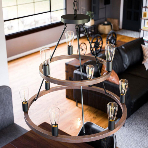 Lampara De Techo 9 Luces Candelabro 2 Niveles Madera Comedor Estructura Café