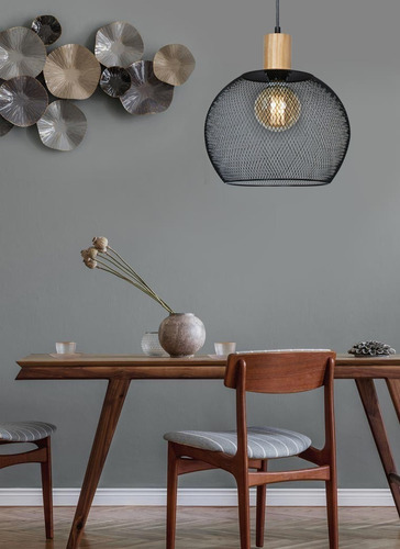 Colgante 1 Luz Osaka-l Metal/madera Apto Led Deco Moderno Negro