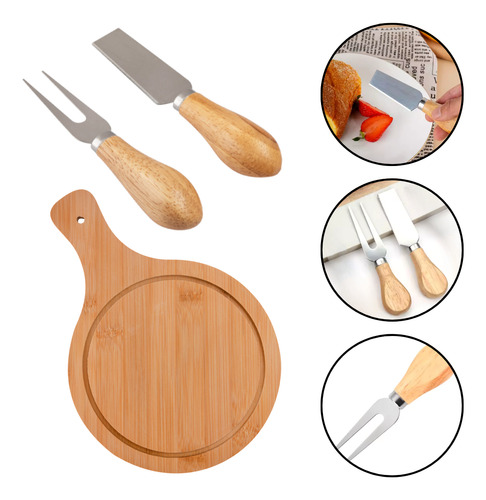 Kit Tábua 3pcs Queijos Madeira Bambu Aço Inox Frios Petiscos