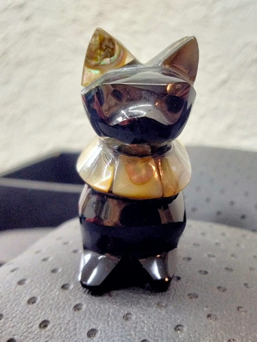 Gato Figura Decorativa En Obsidiana/concha Artesanal 3.5cm