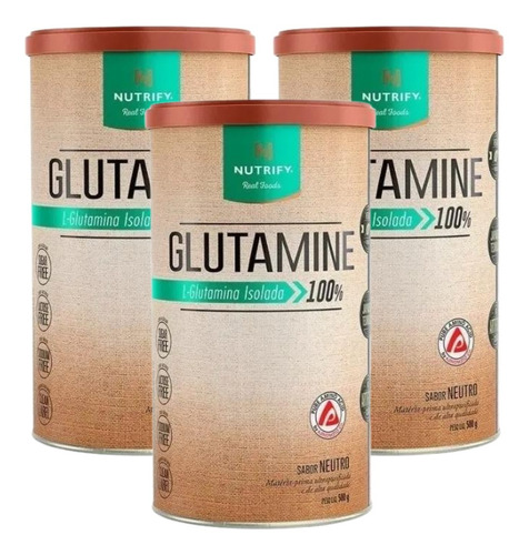 3 Glutamine 500g L-glutamina Pura Isolada Vegana - Nutrify Sabor Neutro