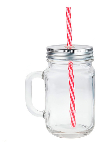 12 Tarros Mason Jar Con Tapa Y Popote 470 Ml Mayoreo Liso Color Transparente