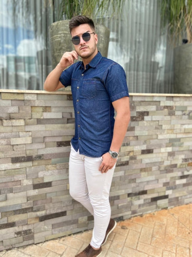 Imagem 3 de 9 de Camisa Jeans Premium Masculina Slim Manga Curta Promoção
