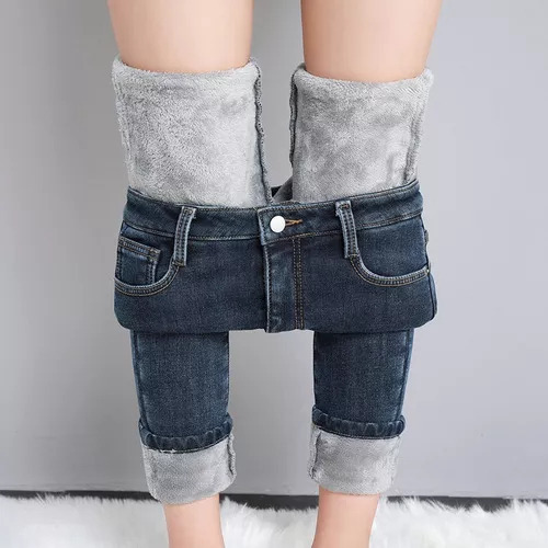 Pantalones De Mezclilla De Invierno Elásticos De Felpa Cálid