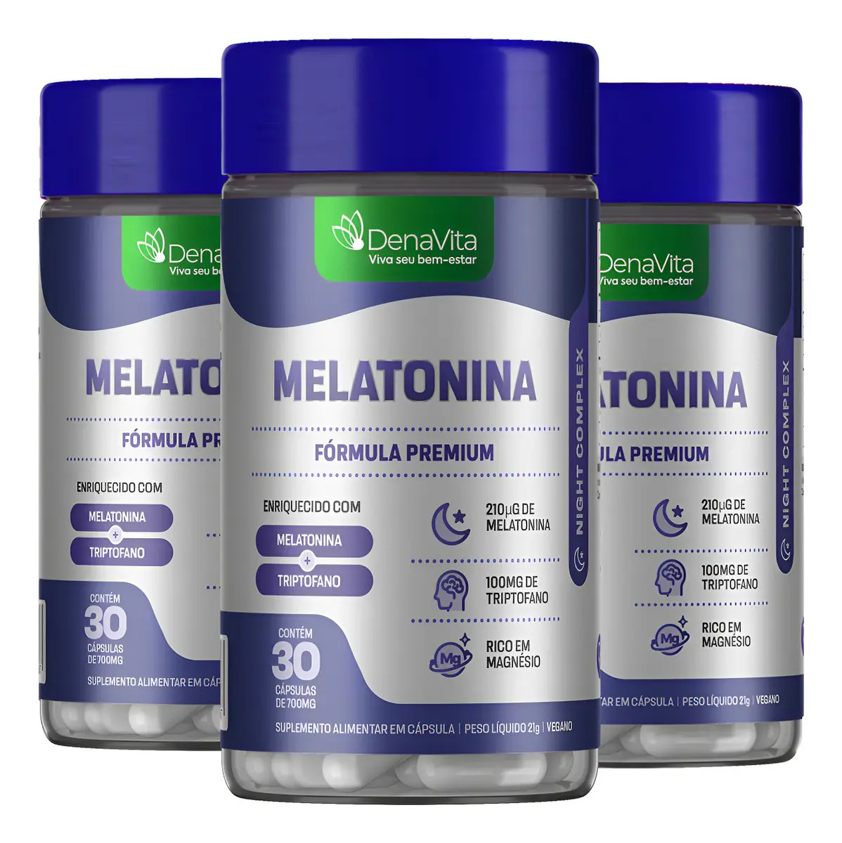 Kit 3x Melatonina L-triptofano Magnésio 90 Cápsulas Denavita Melatonina 90 Cápsulas - Denavita