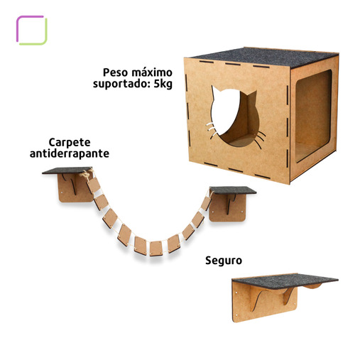 Kit Playground Parquinho De Gato 10 Peças Mdf Premium Resistente Com Arranhador De Patas Nicho Toca Reforçado Ponte Prateleira E Degrau Gatificação Gatil Suspenso Boxfan