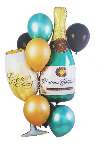 Kit Set Globo Feliz Cumpleaños Botella Champagne Copa Cheer