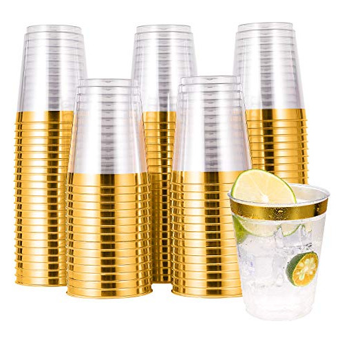 100 Pack Gold Plastic Cups,10 Oz Clear Plastic Cups Tum...