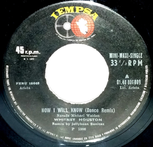 Single 45 Whitney Houston - How I Will Know 1986 Iempsa