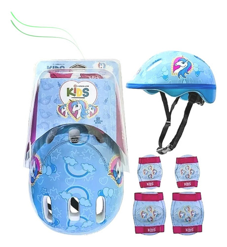 Capacete Kit Proteção Cotoveleira Joelheira Azul Unicórnio