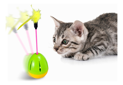 Juguete Para Gato Vaso Con Plumas Y Cascabel Gatito Gatos Color Verde Con Amarillo