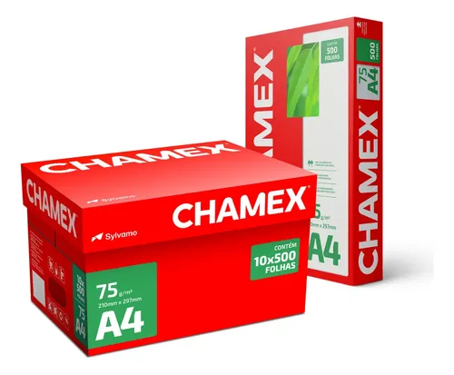 Papel Sulfite Chamex A4 75g Caixa com 10 pacotes 500 folhas cada Profissional Sustentável 210x297mm
