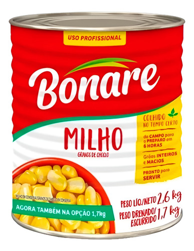 Milho Verde Em Conserva Bonare Lata 1,7kg Kit Com 2 Unidades