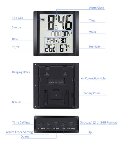 Reloj De Pared Digital Con Termo-higrómetro.. 6'' Gran Panta