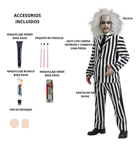 Imagen 3 de 5 de Disfraz Beetlejuice Fantasma Con Accesorios Adulto Hombre