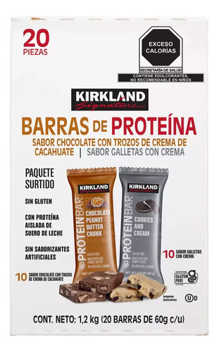 Barras Proteína Kirkland Cookies & Cream Choco No Gluten 20p