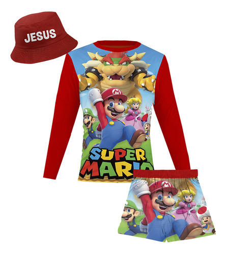 Conjunto Traje De Baño Mario Bross Niño Con Gorrito Playero