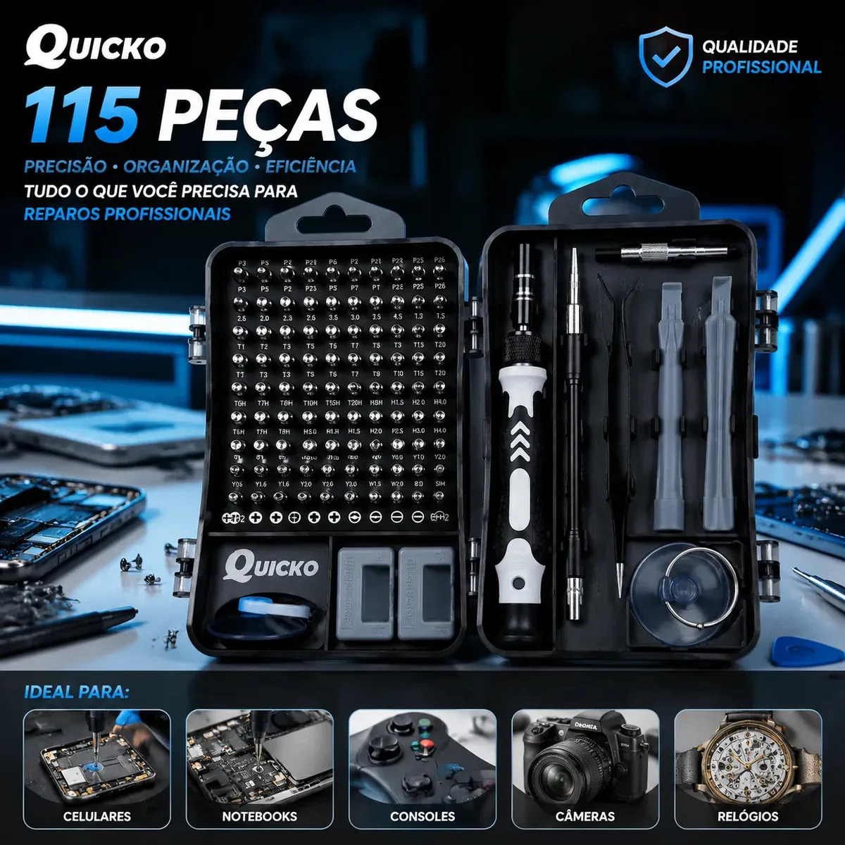 Kit Jogo de Ferramentas Precisão Magnético 115 Peças Quicko para Reparação Kit Completo Para Assistencia Tecnica Celulares Jogo De Chave Abrir Celular Equipamentos Para Manutenção 