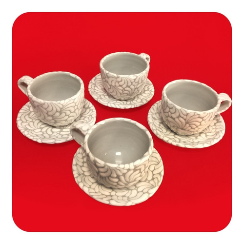 Imagen 2 de 8 de Set 2 Tazas Y 2 Platos Talavera Poblana Barroco Blanco Tz