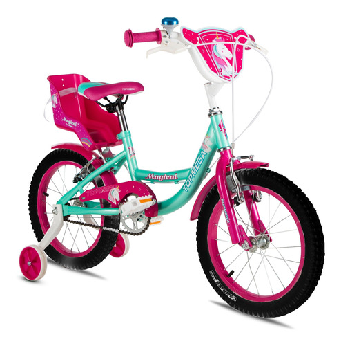 Imagen 1 de 1 de Bicicleta infantil infantil TopMega Magical R16 1v frenos v-brakes color celeste con ruedas de entrenamiento  