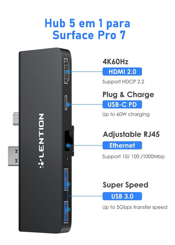 Adaptador Hub Usb-c Letion Dongle 5 Em 1 Para Surface Pro 7 Usb 3.0 4khdmi Carregamento Rápido