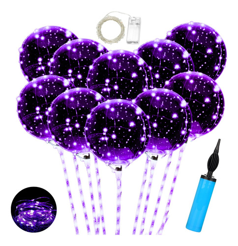 10 Globos Burbuja Cristal Led Violeta Palito Inflador