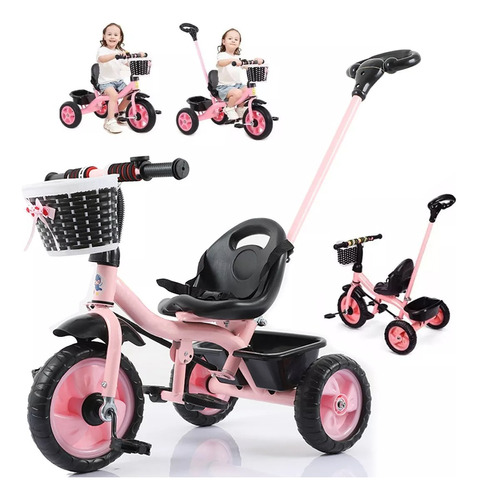 Triciclo Bebe Niños Con Cajuela Y Barra Empuje Y Pedal 50kg