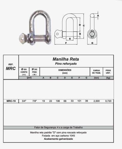 20un Manilha Reta Corpo 3/4 E Pino 7/8 Pino C/ Rosca 2500kg