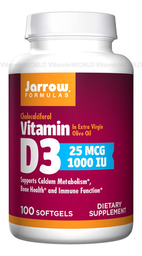 Vitamina D3, Colecalciferol 25 Mcg 1000 Ui 100 Softgels 